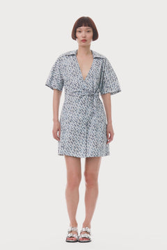 Printed Cotton Wrap Mini Dress - Glacier Lake