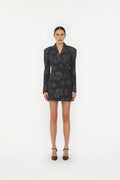 3D Flower Blazer Dress - Gray Pinstripe