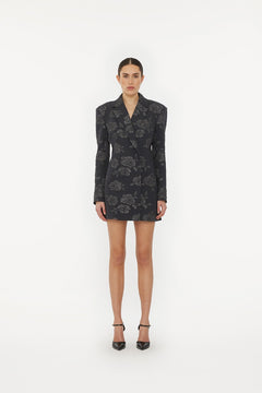 3D Flower Blazer Dress - Gray Pinstripe