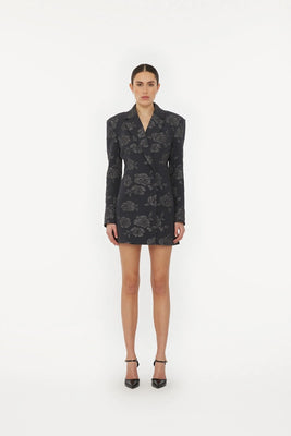 3D Flower Blazer Dress - Gray Pinstripe