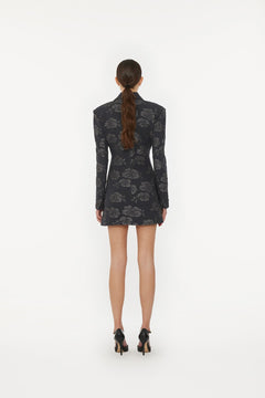 3D Flower Blazer Dress - Gray Pinstripe