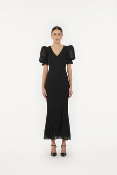 Lace Puff Sleeve Maxi Dress - Black
