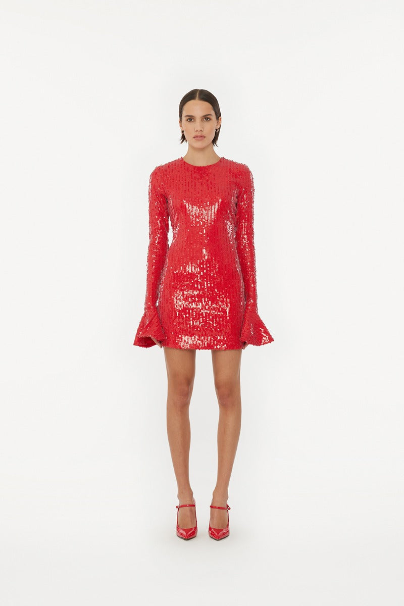 Sequins Ls Mini Dress - Racing Red