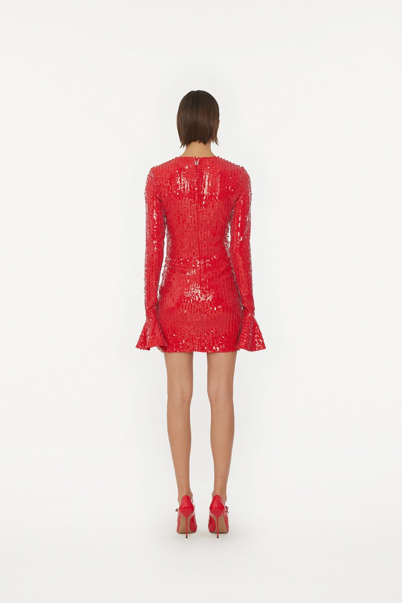 Sequins Ls Mini Dress - Racing Red