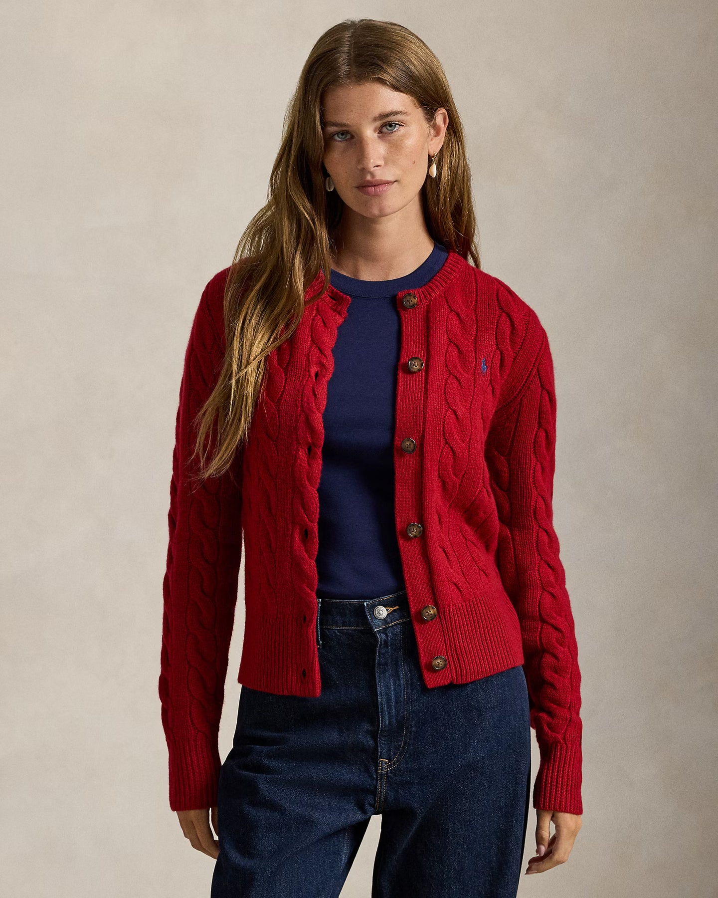 Cable-Knit Wool-Cashmere Cardigan - Fireside Red