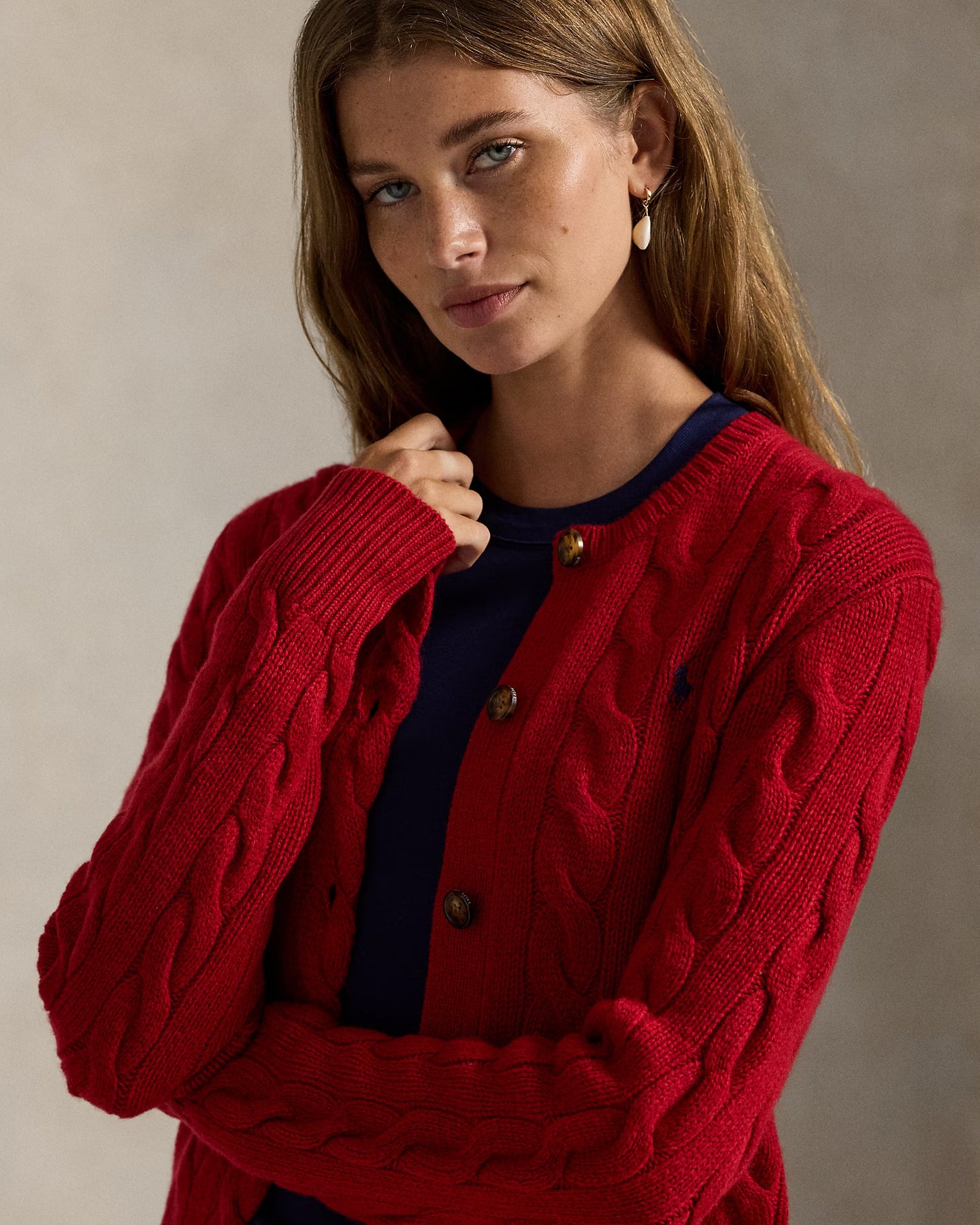 Cable-Knit Wool-Cashmere Cardigan - Fireside Red