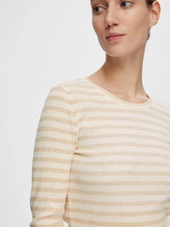 Anna Ls Crew Neck Tee Str  - Oatmeal W Snow White Stripes