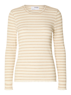 Anna Ls Crew Neck Tee Str  - Oatmeal W Snow White Stripes