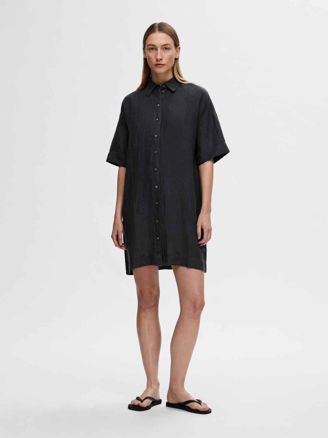 Linnie 2/4 Short Linen Shirt Dress B - Black