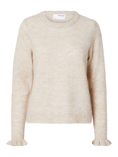 Lulu Ls Knit Frill Cuff O-Neck - Birch Melange