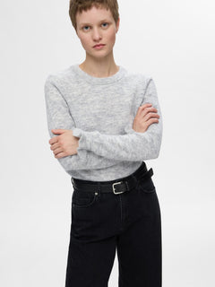 Lulu Ls Knit Frill Cuff O-Neck - Light Grey Melange