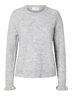 Lulu Ls Knit Frill Cuff O-Neck - Light Grey Melange
