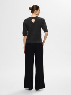 Lulu Ss Open Back Knit O-Neck - Volcanic Ash Melange