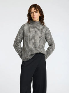 Lulu Ls Herringbone Knit High Neck - Medium Grey Melange/Birch
