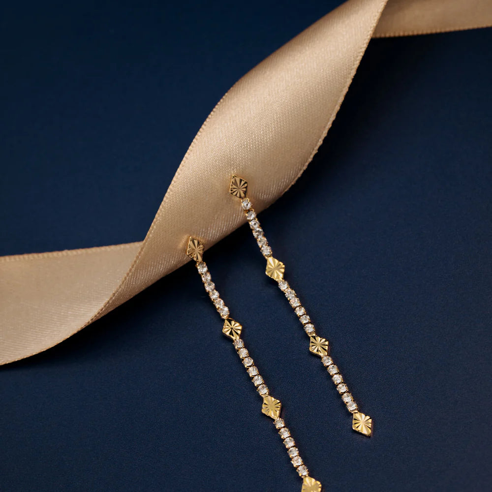 Cupchain & Etched Detail Long Drop Earrings - Pale Gold