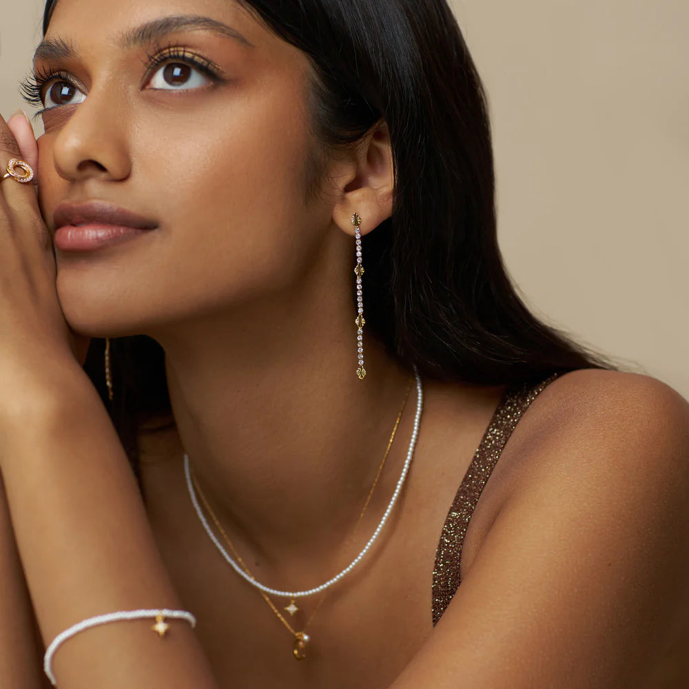 Cupchain & Etched Detail Long Drop Earrings - Pale Gold