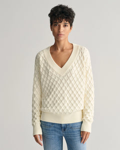 Textured Knit V-Neck - Cream
