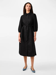 Yasflaxy 3/4 Linen Shirt Dress - Black