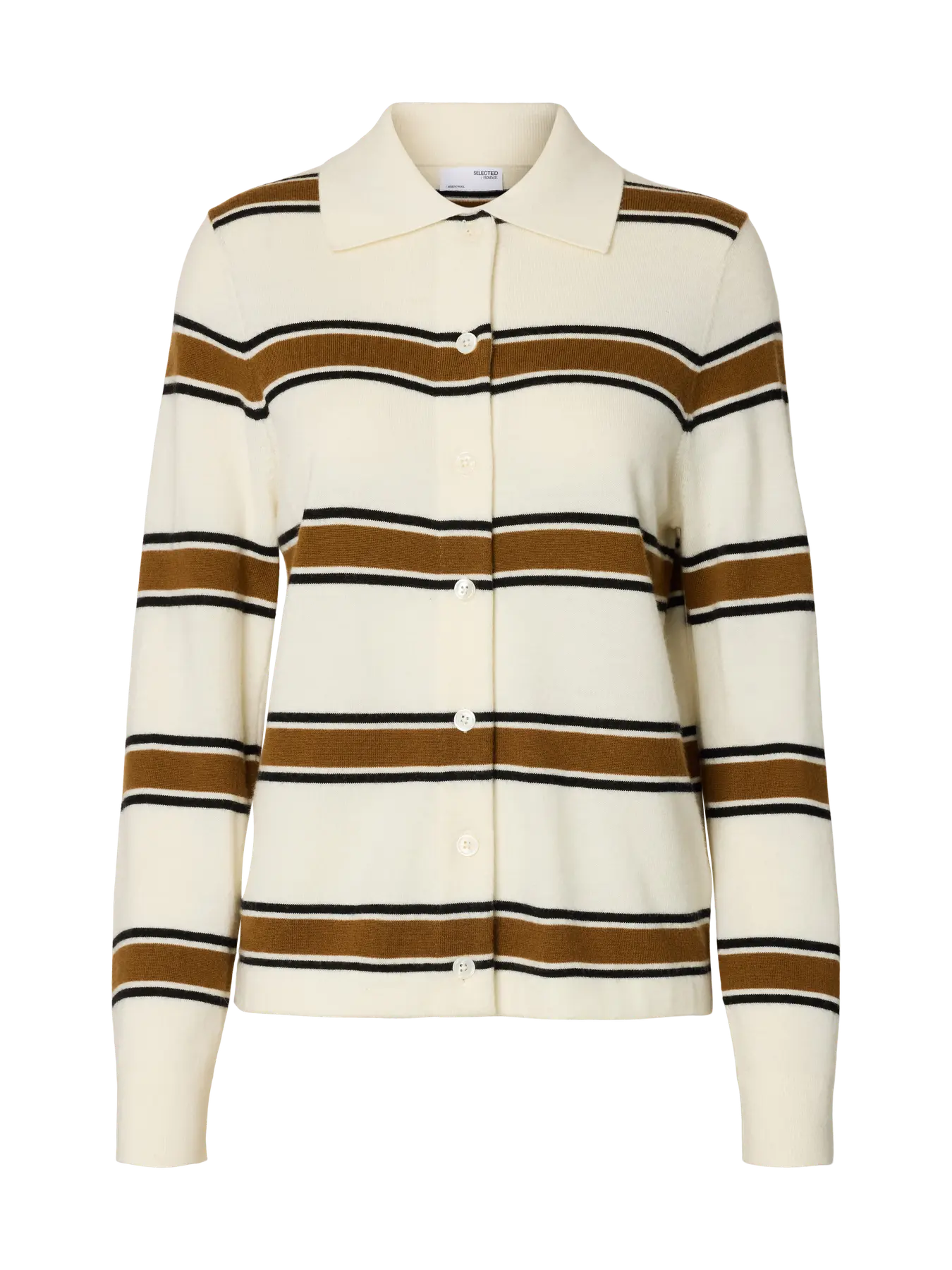 Thea Ls Knit Button Collar Neck - Egret Golden Brown