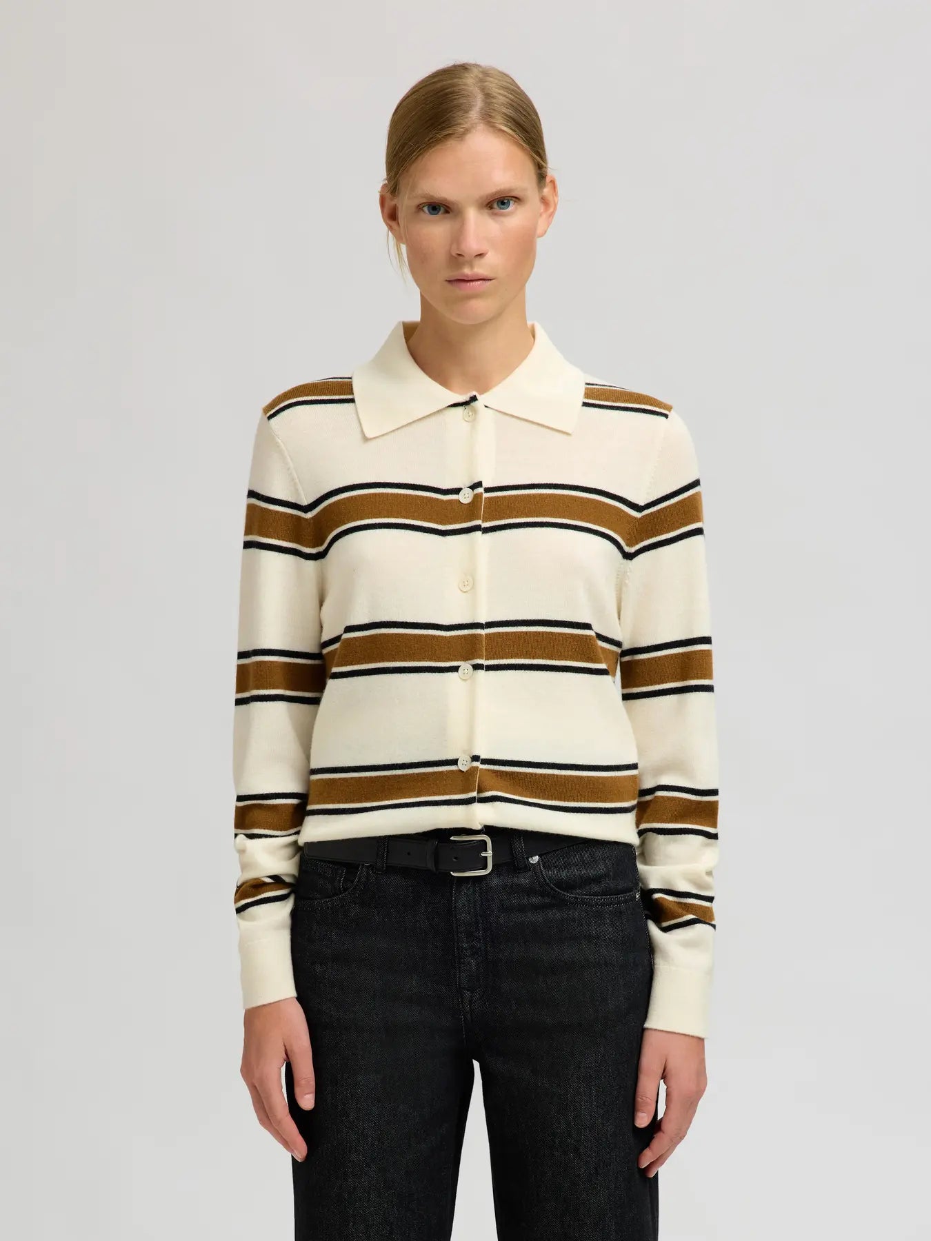 Thea Ls Knit Button Collar Neck - Egret Golden Brown