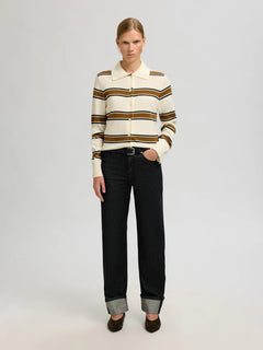 Thea Ls Knit Button Collar Neck - Egret Golden Brown