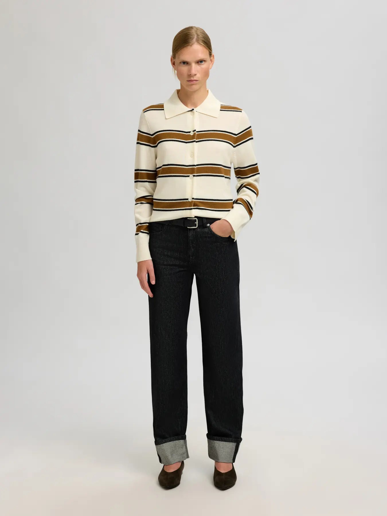 Thea Ls Knit Button Collar Neck - Egret Golden Brown
