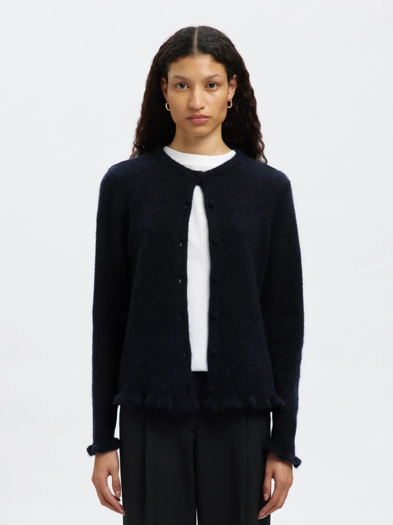 Lulu Frill Ls Knit Cardigan - Dark Sapphire Melange