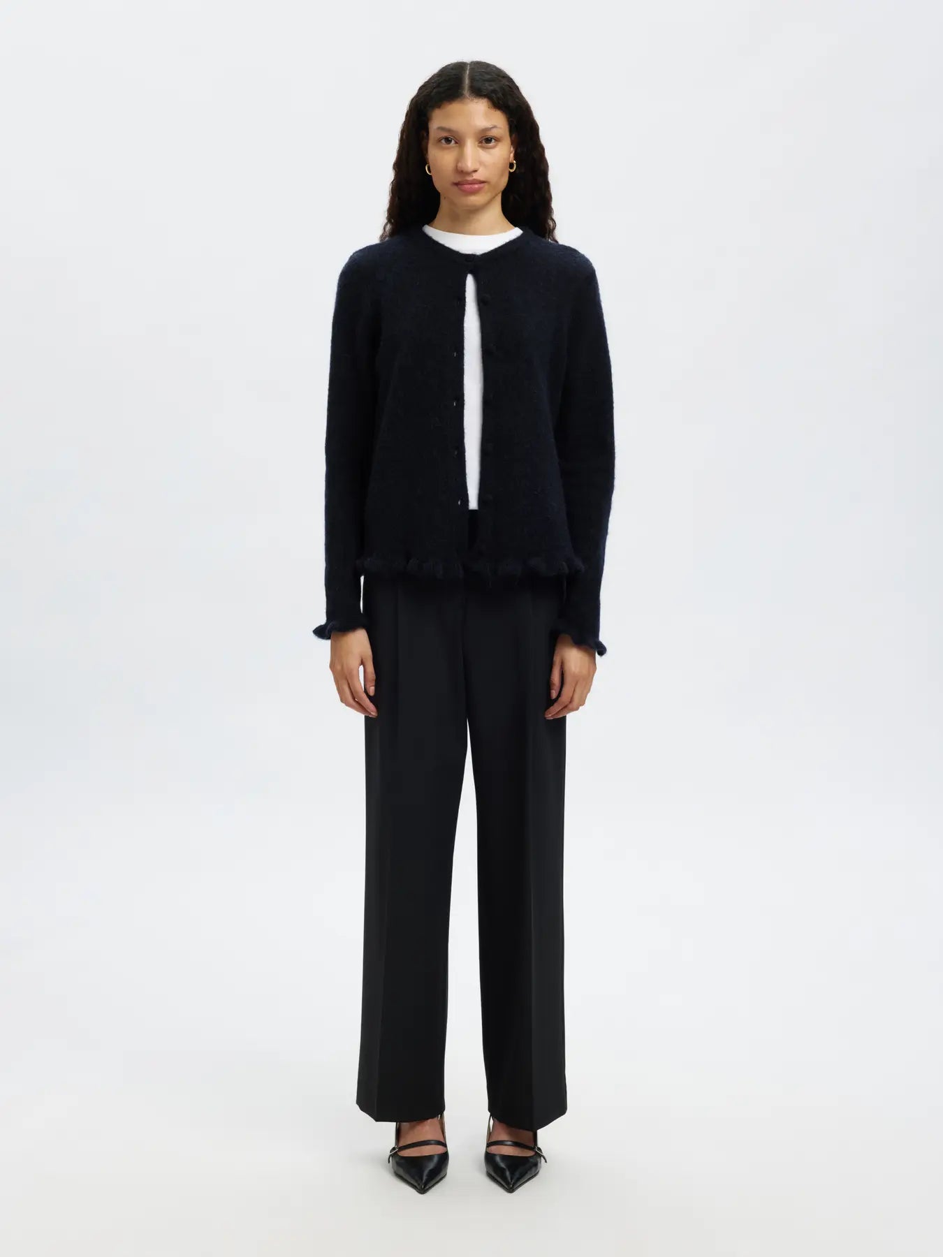 Lulu Frill Ls Knit Cardigan - Dark Sapphire Melange