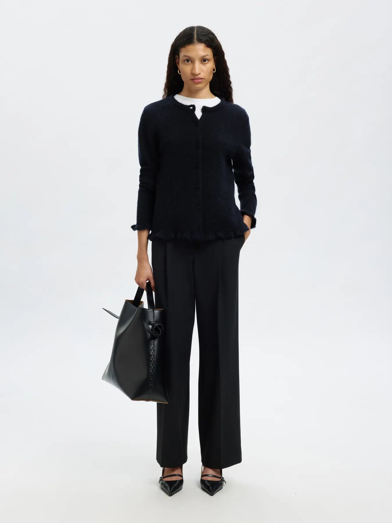 Lulu Frill Ls Knit Cardigan - Dark Sapphire Melange