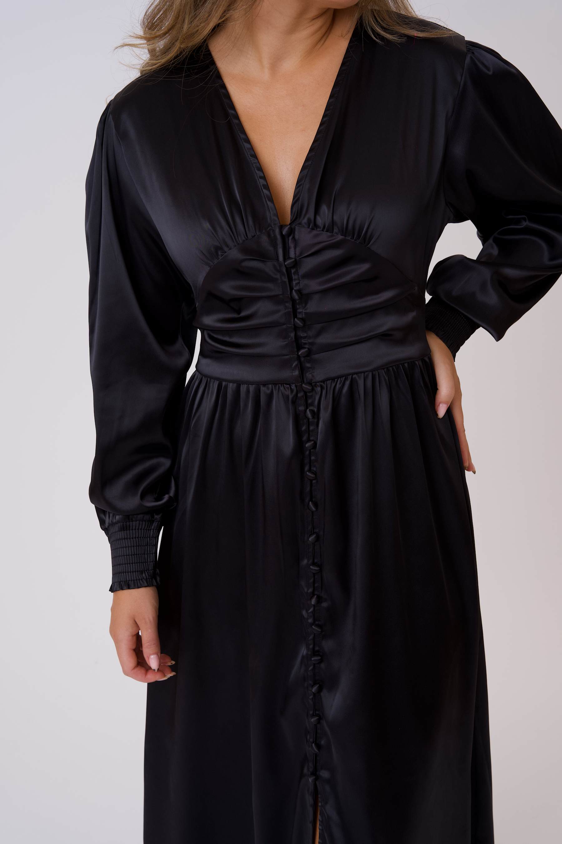 Adelic Long Dress - Black Satin