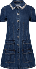 Denim Crystal Trim Collared Mini Dress - Blue