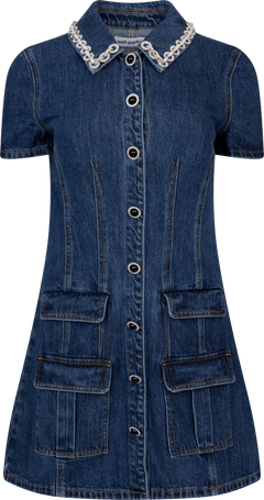 Denim Crystal Trim Collared Mini Dress - Blue