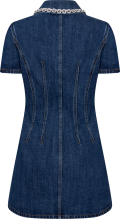 Denim Crystal Trim Collared Mini Dress - Blue