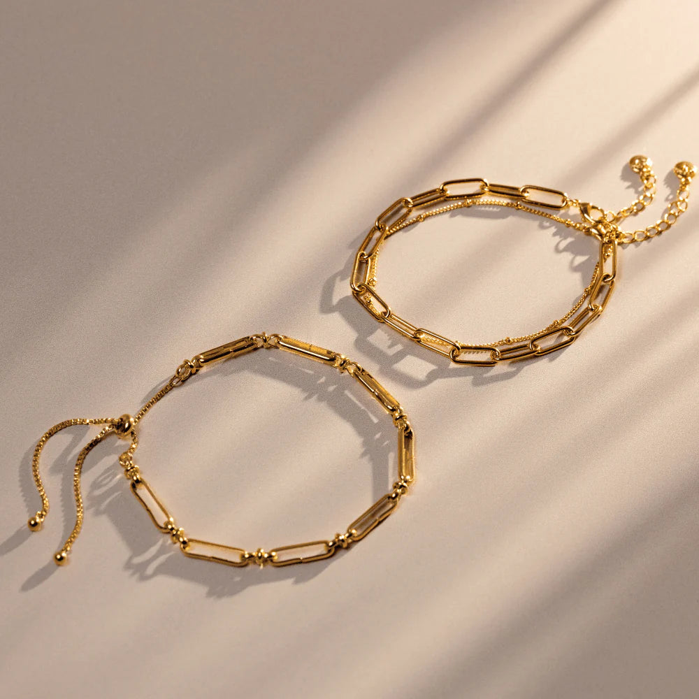 Chain Link & Satellite 2-Row Bracelet - Pale Gold