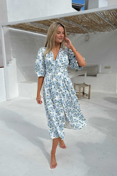 Adelic Long Dress - Blue Hydrangea Print