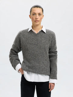 Sia Ras Ls Knit Long V-Neck - Medium Grey Melange