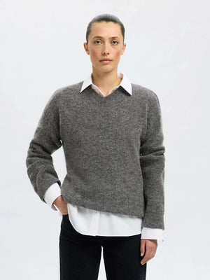 Sia Ras Ls Knit Long V-Neck - Medium Grey Melange