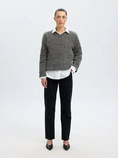 Sia Ras Ls Knit Long V-Neck - Medium Grey Melange