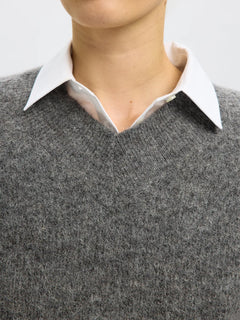 Sia Ras Ls Knit Long V-Neck - Medium Grey Melange