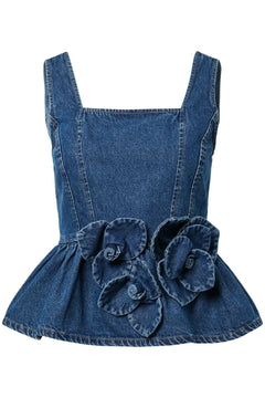 Yaselsie Sl Peplum Denim Top - Medium Blue Denim W. Tabacco Stitches