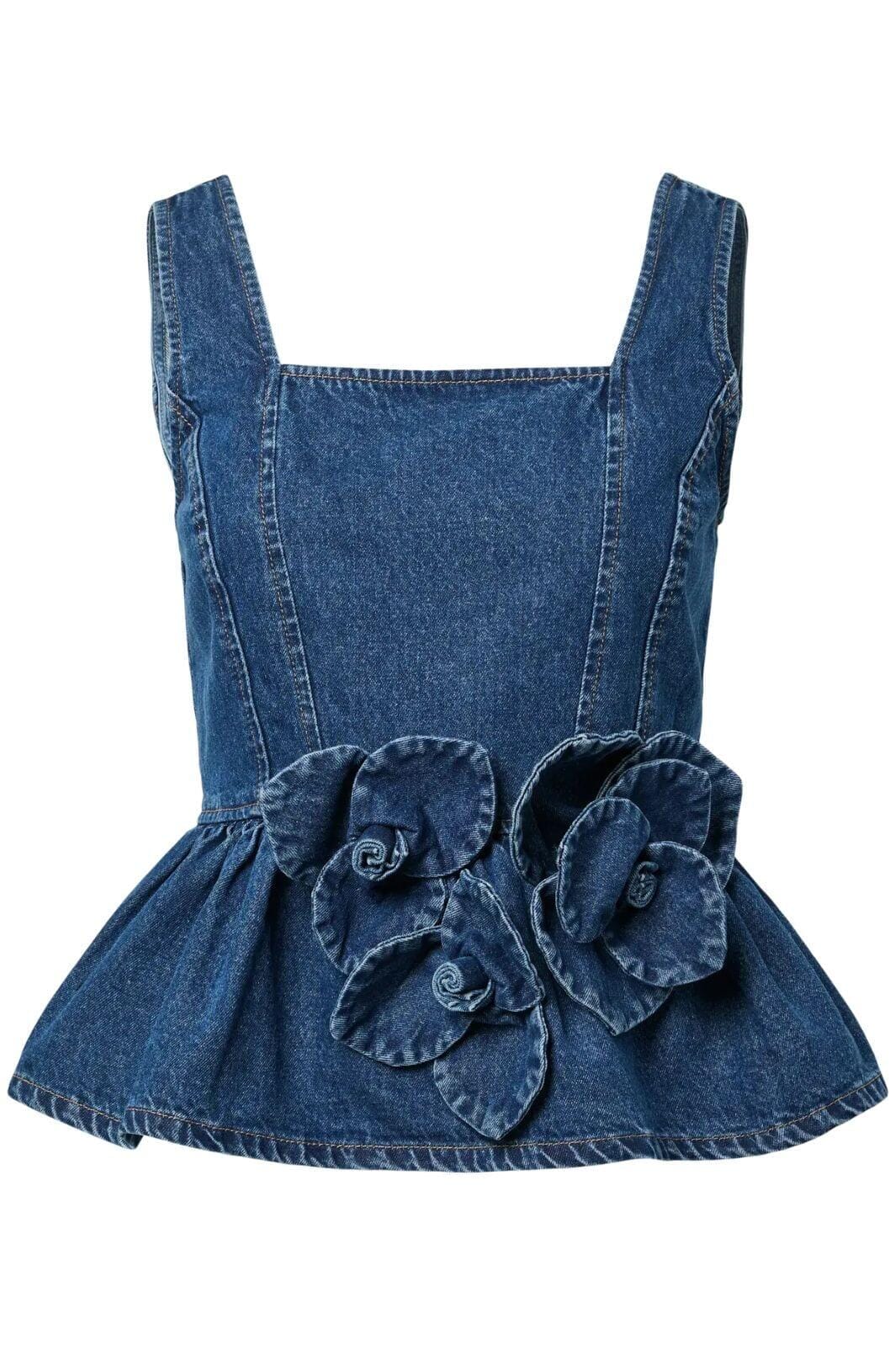 Yaselsie Sl Peplum Denim Top - Medium Blue Denim W. Tabacco Stitches