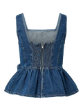 Yaselsie Sl Peplum Denim Top - Medium Blue Denim W. Tabacco Stitches