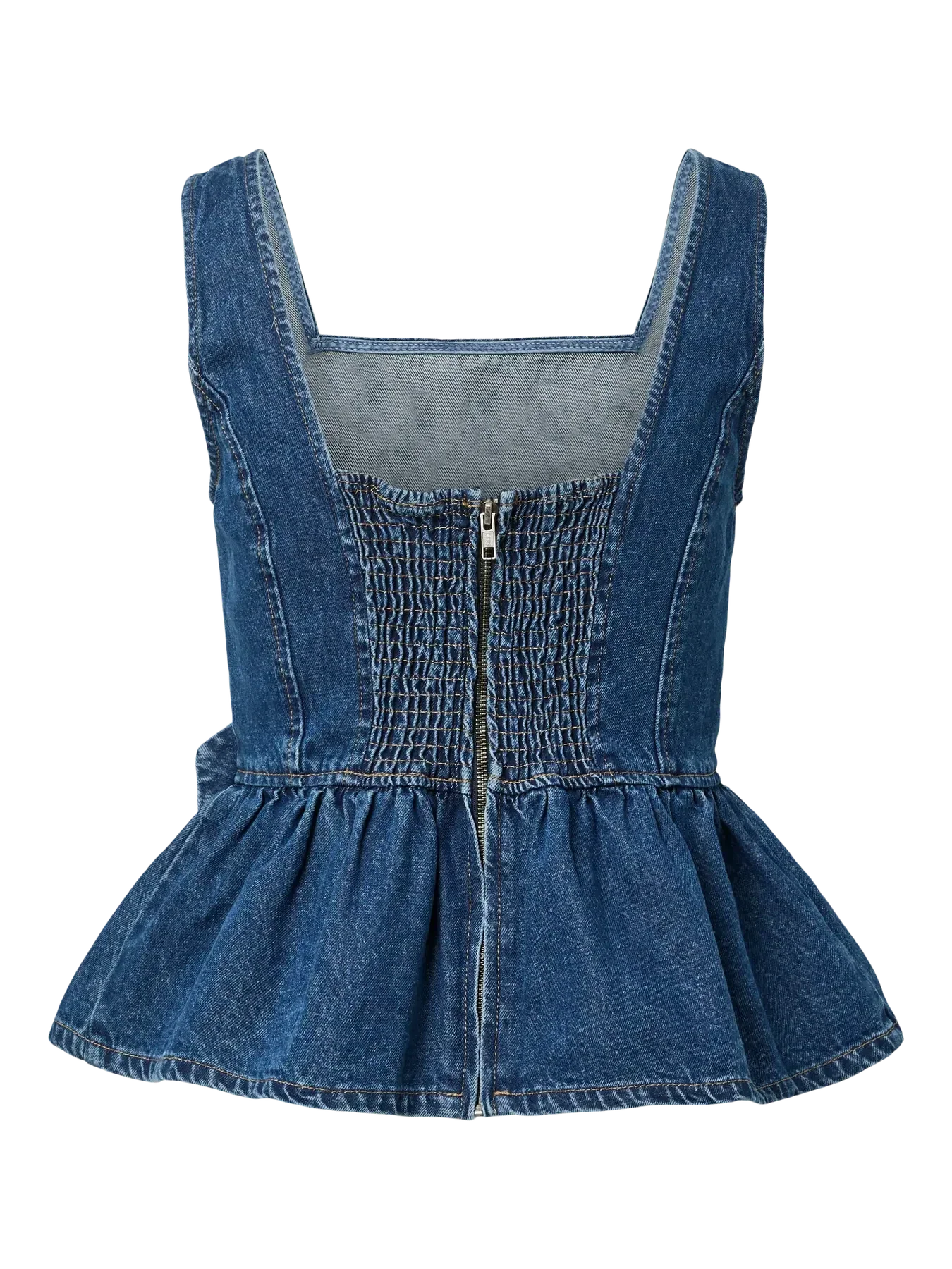 Yaselsie Sl Peplum Denim Top - Medium Blue Denim W. Tabacco Stitches