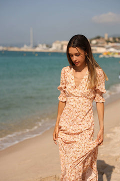 Koko Dress Long Open Back Short Sleeves - Peach Flower