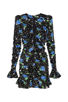 Satin Ruffle Mini Dress - Dot Stemed Rose + Tap Shoe Comb.