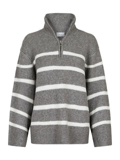 Nevena Stripe Knit Blouse - Dark Grey/Off White