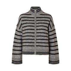 Sia Ras Stripe LS Knit Cardigan EX - Medium Grey Melange/Black