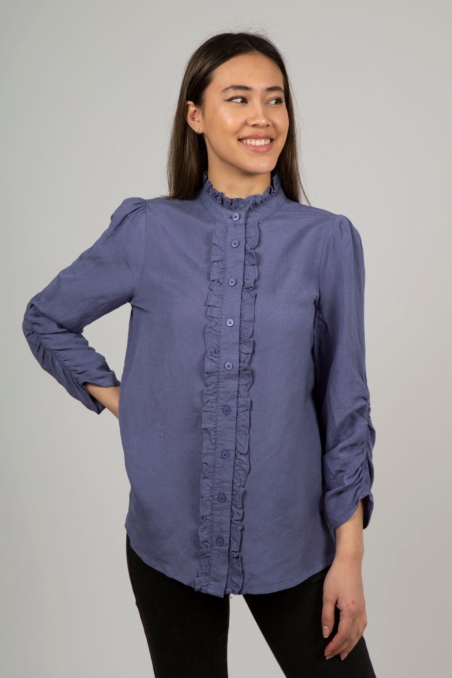Linen Blouse with Ruffles - Shaded Blue