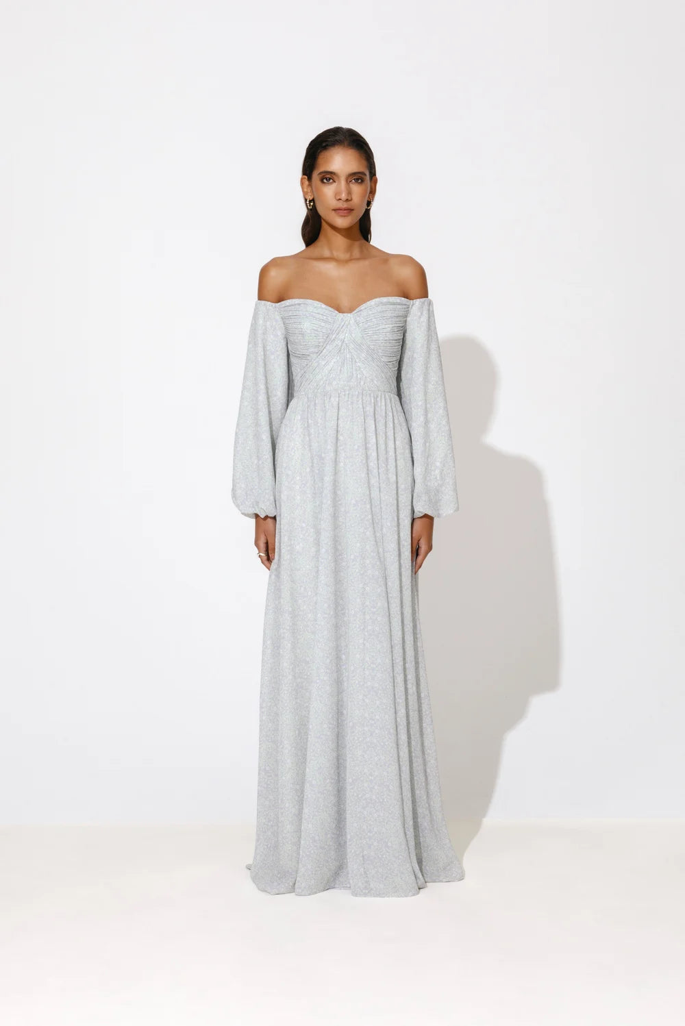 Selena Draped Chiffon Maxi Dress Floral Mist Violet VILLOID