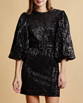 Sequins Puff Sleeve Mini Dress - Black